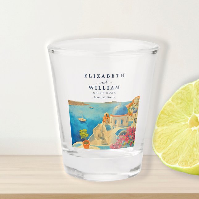 Santorini Greece Watercolor Skyline Wedding Shot Glass (Creator Uploaded)