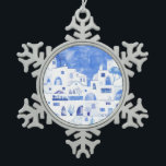 Santorini Greece Watercolor Snowflake Pewter Christmas Ornament<br><div class="desc">A blue and white watercolor townscape painting of Oia on the beautiful Greek island of Santorini. Original art by Nic Squirrell.</div>