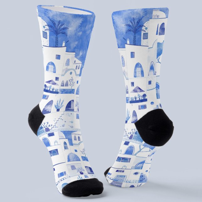 Santorini Greece Watercolor Socks (Creator Uploaded)