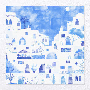 Santorini Greece Watercolor Townscape Canvas Print