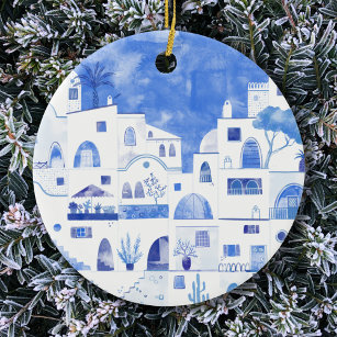 Santorini Greece Watercolor Townscape Ceramic Tree Decoration