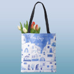 Santorini Greek Island Personalised Watercolor Tote Bag<br><div class="desc">Watercolor blue and white townscape painting based on the Greek island of Santorini.  Original art by Nic Squirrell. Change the name to personalise.</div>
