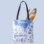 Santorini Greek Island Personalised Watercolor Tote Bag<br><div class="desc">Watercolor blue and white townscape painting based on the Greek island of Santorini.  Original art by Nic Squirrell. Change the name to personalise.</div>