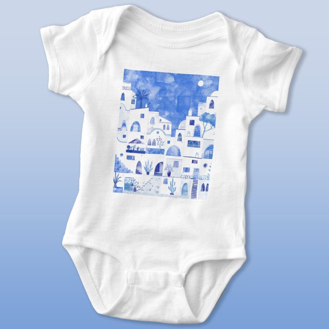 Santorini Greek Island Watercolor Baby Bodysuit (Santorini Oia Greek Island Mediterranean watercolor art baby bodysuit)