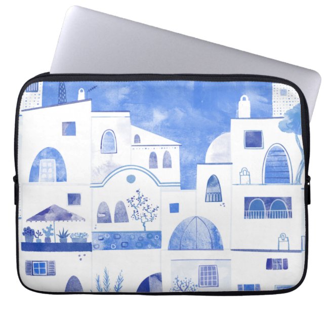 Santorini Greek Island Watercolor Laptop Sleeve (Front)
