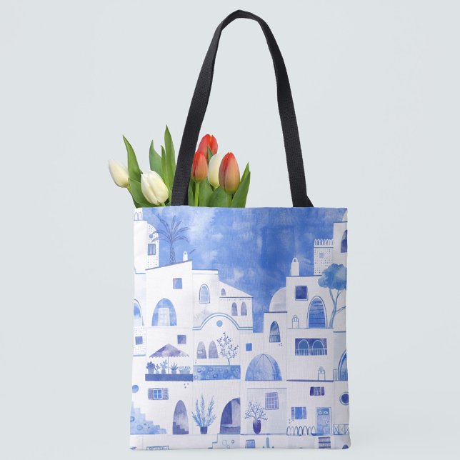Santorini Greek Island Watercolor Tote Bag (Santorini blue and white watercolor painting on a tote bag)