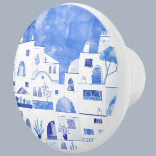 Santorini Greek Island Watercolor Townscape Ceramic Knob