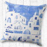 Santorini Greek Watercolor Cushion<br><div class="desc">Watercolor blue and white townscape painting based on the Greek island of Santorini.</div>