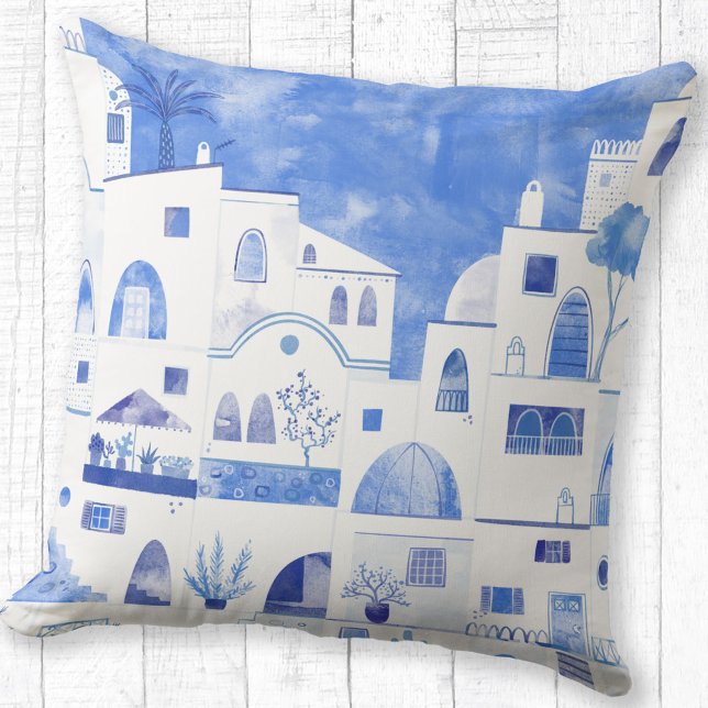 Santorini Greek Watercolor Cushion (Oia Santorini watercolor art blue and white throw pillow)