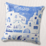 Santorini Greek Watercolor Personalised Cushion<br><div class="desc">Watercolor blue and white townscape painting based on Oia on the Greek island of Santorini.  Original art by Nic Squirrell. Change the name to personalise.</div>