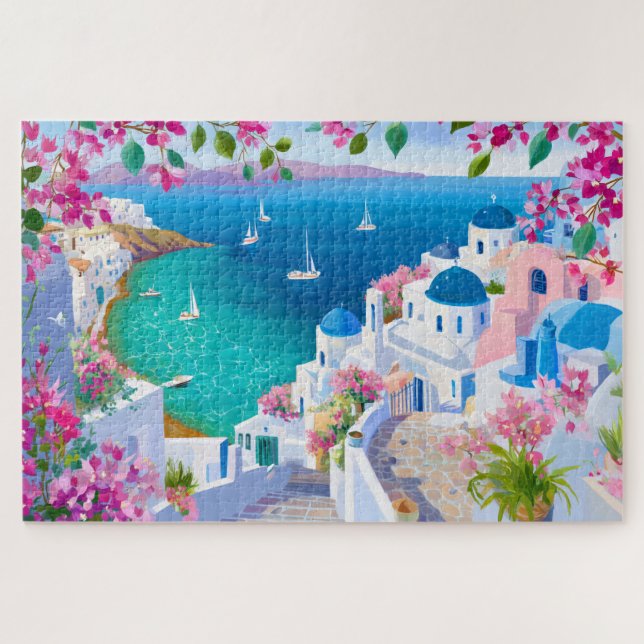Santorini Island Greece Watercolor Painting Jigsaw Puzzle (Horizontal)