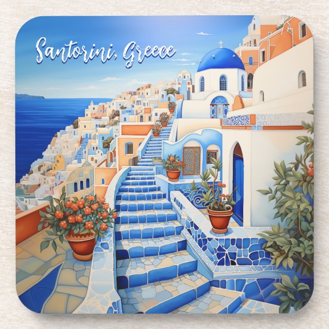 Santorini Island Illustration | Travel Art Coaster (Front)