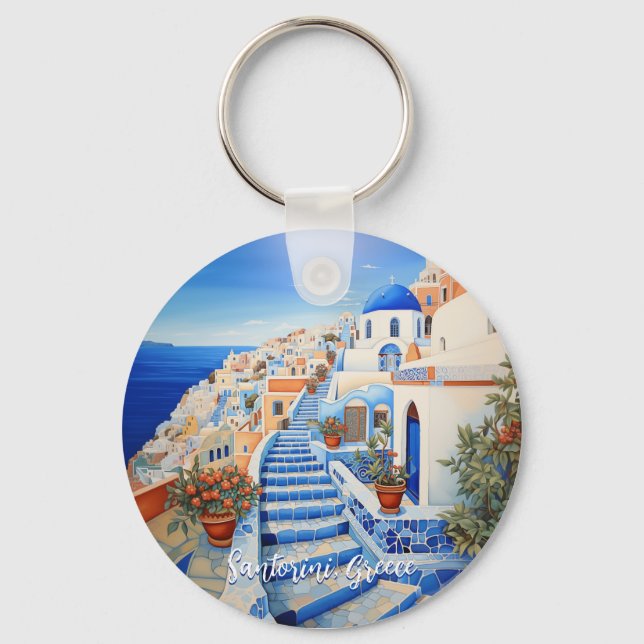 Santorini Island Illustration | Travel Art Key Ring (Front)