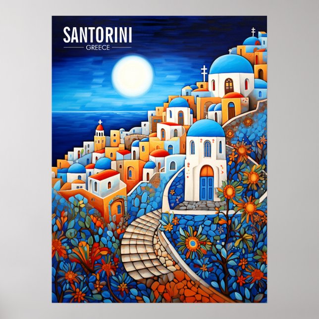 Santorini Island Painting | Greece Travel | Art Poster (Front)