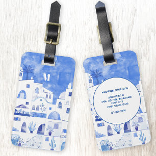 Santorini Monogram Watercolor Art Luggage Tag