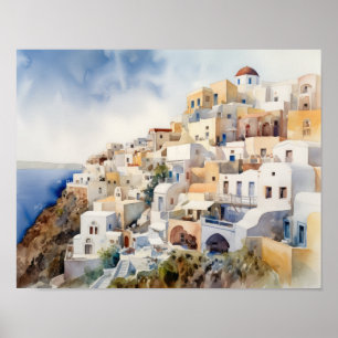Santorini Oia Greece Watercolor Art Print Poster