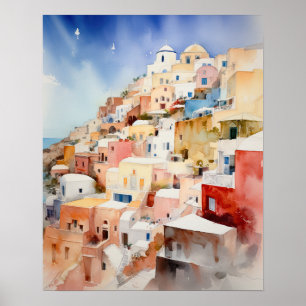Santorini Oia Greece Watercolor Art Print Poster