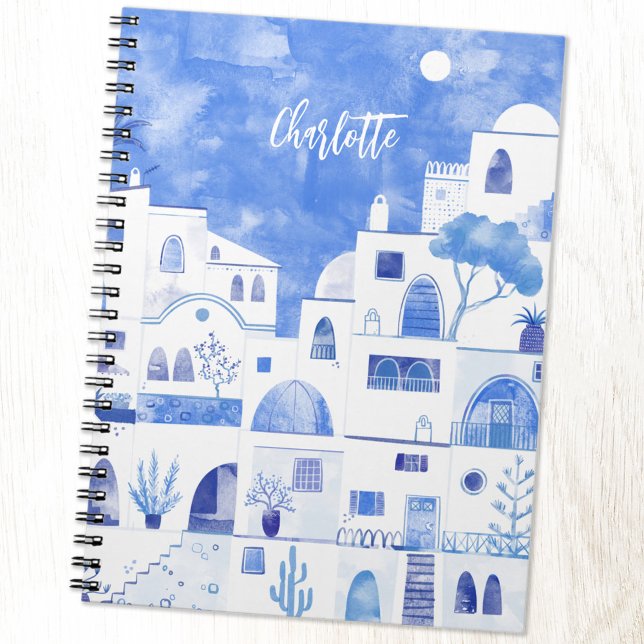 Santorini Oia Greek Island Watercolor Personalised Notebook (Personalized custom name Santorini Greece blue and white watercolor art notebook)