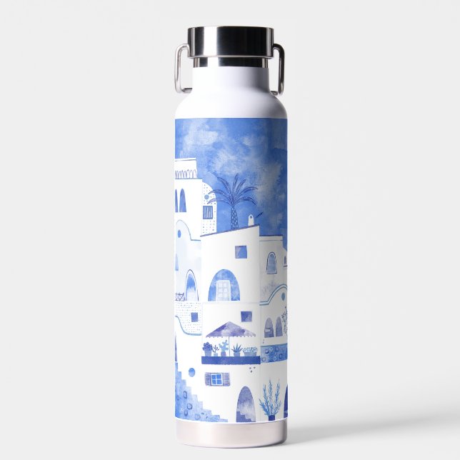 Santorini Oia Watercolor Water Bottle (Front)