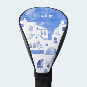 Santorini Personalized Watercolor Art Golf Head Cover