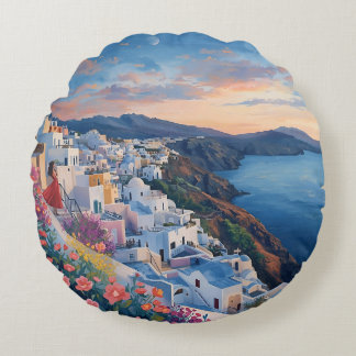 Santorini, Romantic Sunset in Santorini Round Cushion