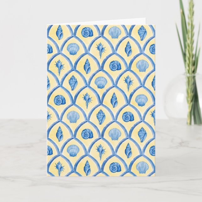 Santorini Shells Yellow Blue Watercolor Stationery Card (Front)