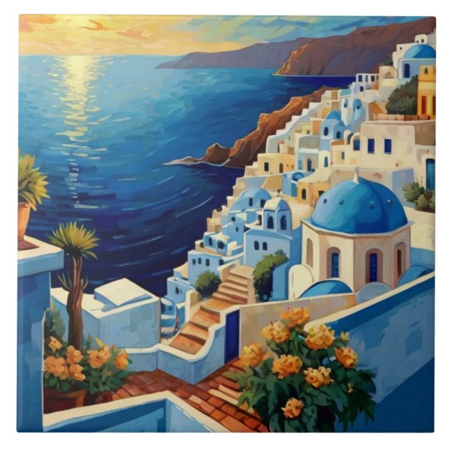 Santorini Sunrise - Greece - Greek Island Village Tile (Front)