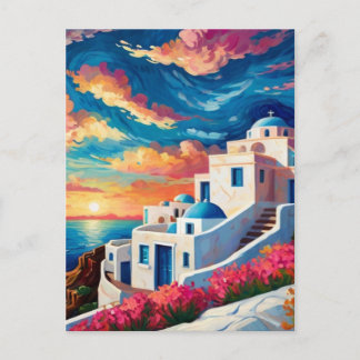Santorini Sunset, Greece - Hot Pink Flowers Greek Postcard
