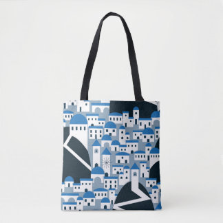 Santorini village pattern in white and blue tote bag