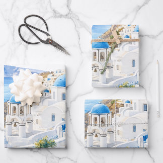 Santorini Watercolor Greece Destination Gift Wrapping Paper Sheet