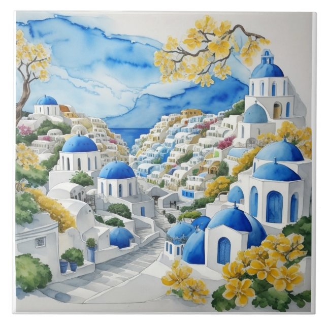 Santorini Watercolor Greek Houses & Yellow Flowers Tile (Front)