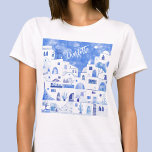 Santorini Watercolor Personalised T-Shirt<br><div class="desc">Watercolor blue and white townscape painting based on the lovely Greek island of Santorini. Change the name to personalise.  Original art by Nic Squirrell.</div>