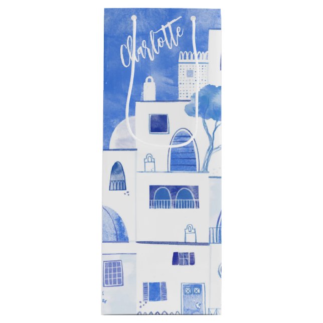 Santorini Watercolor Personalised Wine Gift Bag (Front)