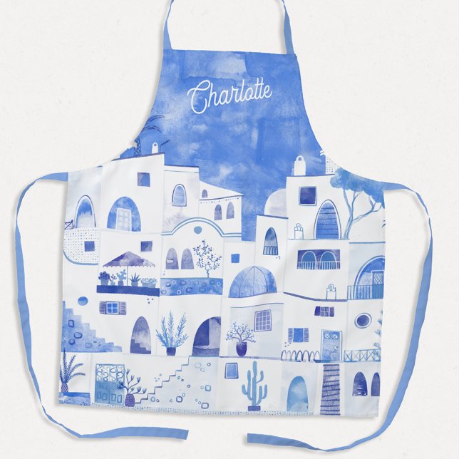 Santorini Watercolor Personalized Apron (Personalized name blue and white watercolor Santorini Greek Island art apron)