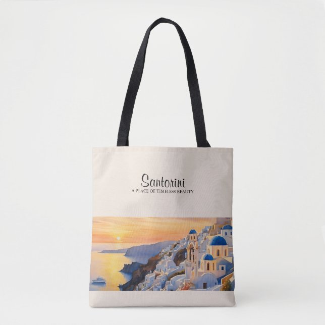 Santorini Watercolor Shoulder Tote Bag (Front)