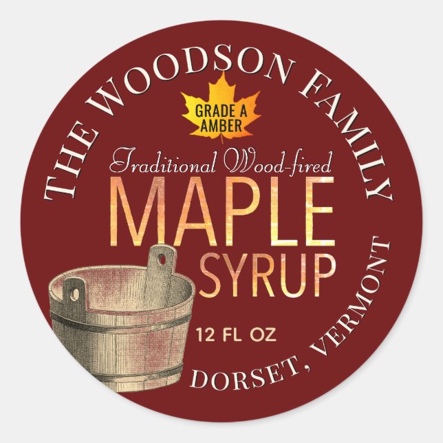 Sap Bucket Maple Syrup with Yellow Leaf on Red Classic Round Sticker (Front)