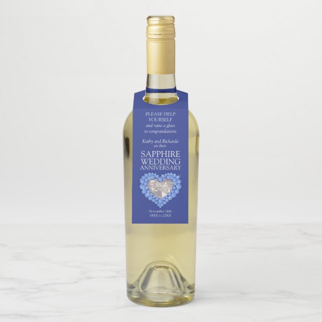 Sapphire 45th wedding Anniversary photo heart Bottle Tag (On Bottle)