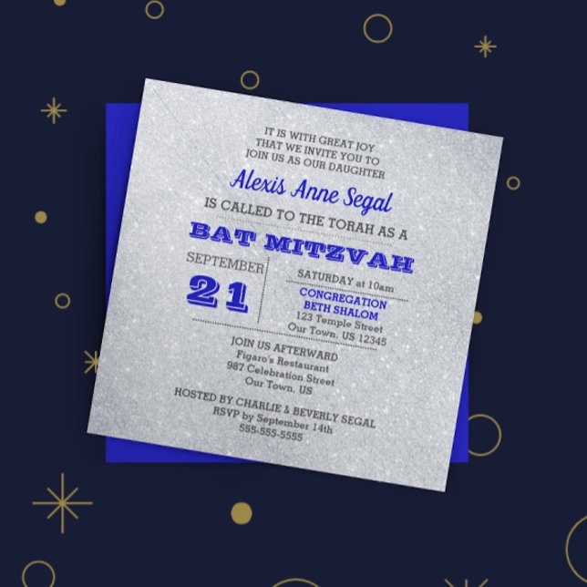 Sapphire and Silver Glitter Glam Bat Mitzvah Invitation (Creator Uploaded)