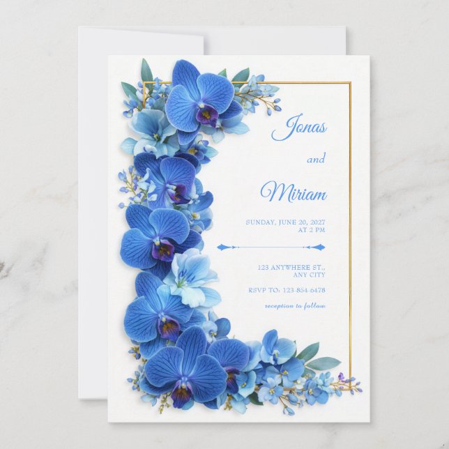 Sapphire Azure Gilded Orchid Botanical Wedding Invitation (Front)