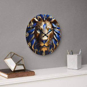 Sapphire Blue And Gold Lion, Large Clock
