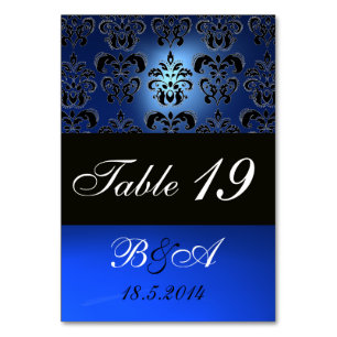 SAPPHIRE BLUE BLACK WHITE CLASSY DAMASK MONOGRAM TABLE NUMBER