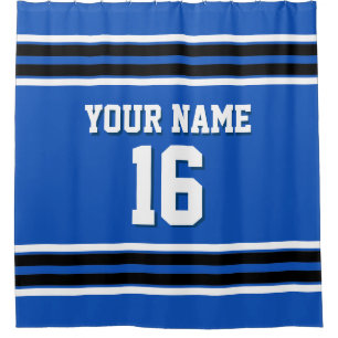 Sapphire Blue Black White Stripes Sports Jersey Shower Curtain