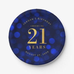 Sapphire Blue Bokeh Cheers to 21 Years Birthday Paper Plate