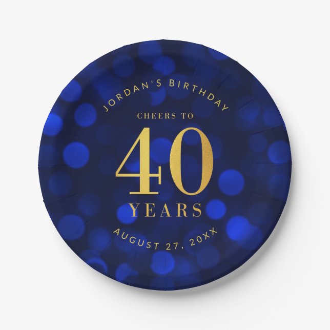 Sapphire Blue Bokeh Cheers to 40 Years Birthday Paper Plate (Front)