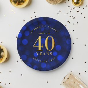 Sapphire Blue Bokeh Cheers to 40 Years Birthday Paper Plate