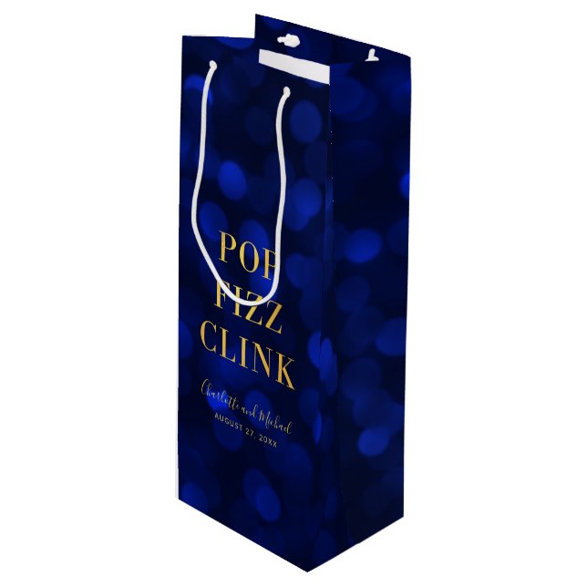 Sapphire Blue Bokeh Faux Gold Pop Fizz Clink Wine Gift Bag (Front Angled)