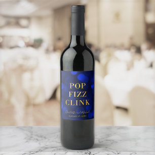 Sapphire Blue Bokeh Faux Gold Pop Fizz Clink Wine Label