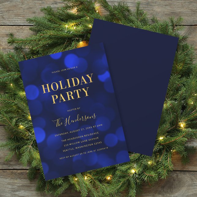 Sapphire Blue Bokeh Lights Faux Gold Holiday Party Invitation (Creator Uploaded)