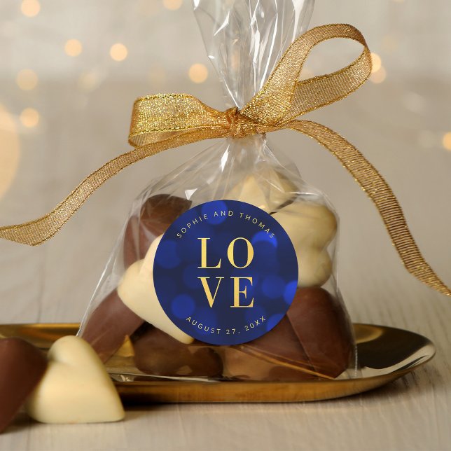 Sapphire Blue Bokeh Lights Faux Gold Love Classic Round Sticker (Creator Uploaded)