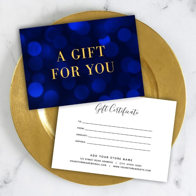 Sapphire Blue Bokeh Lights Gold Gift Certificate (Creator Uploaded)